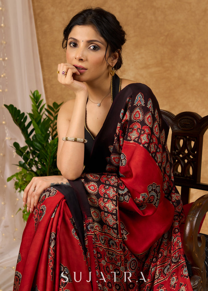 Exquisite Pure Modal Silk Maroon Block Printed Saree