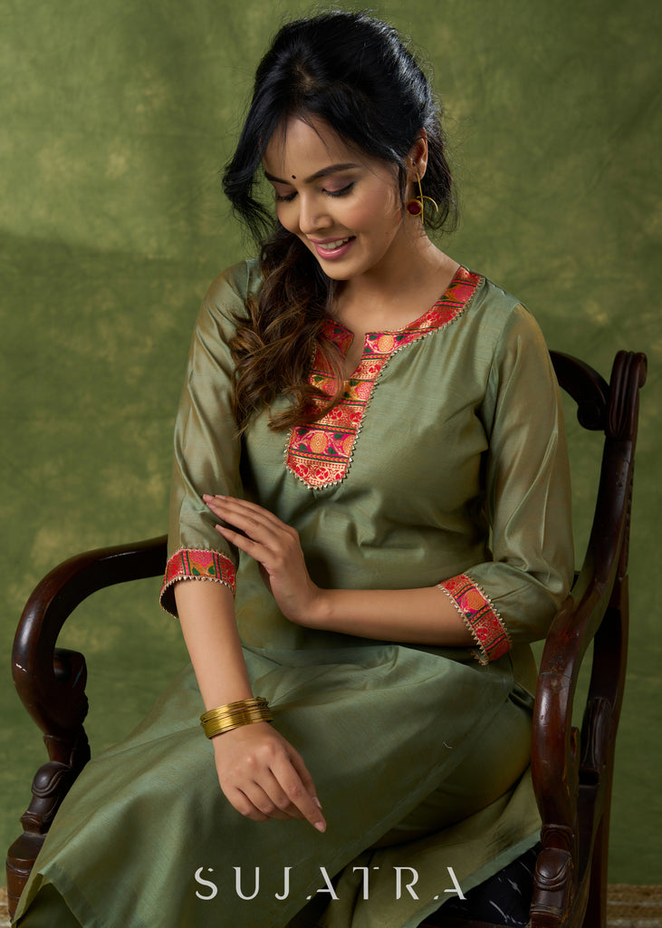 Soothing Olive Chanderi Kurta With Brocade Details - Pant Optional