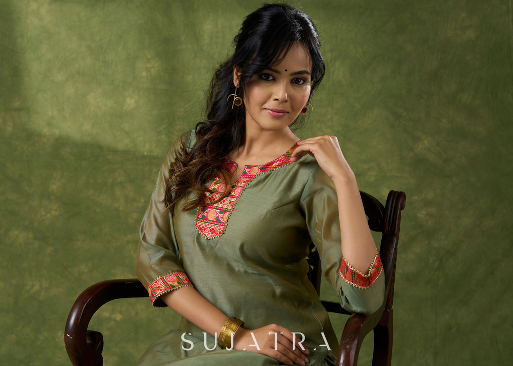 Soothing Olive Chanderi Kurta With Brocade Details - Pant Optional