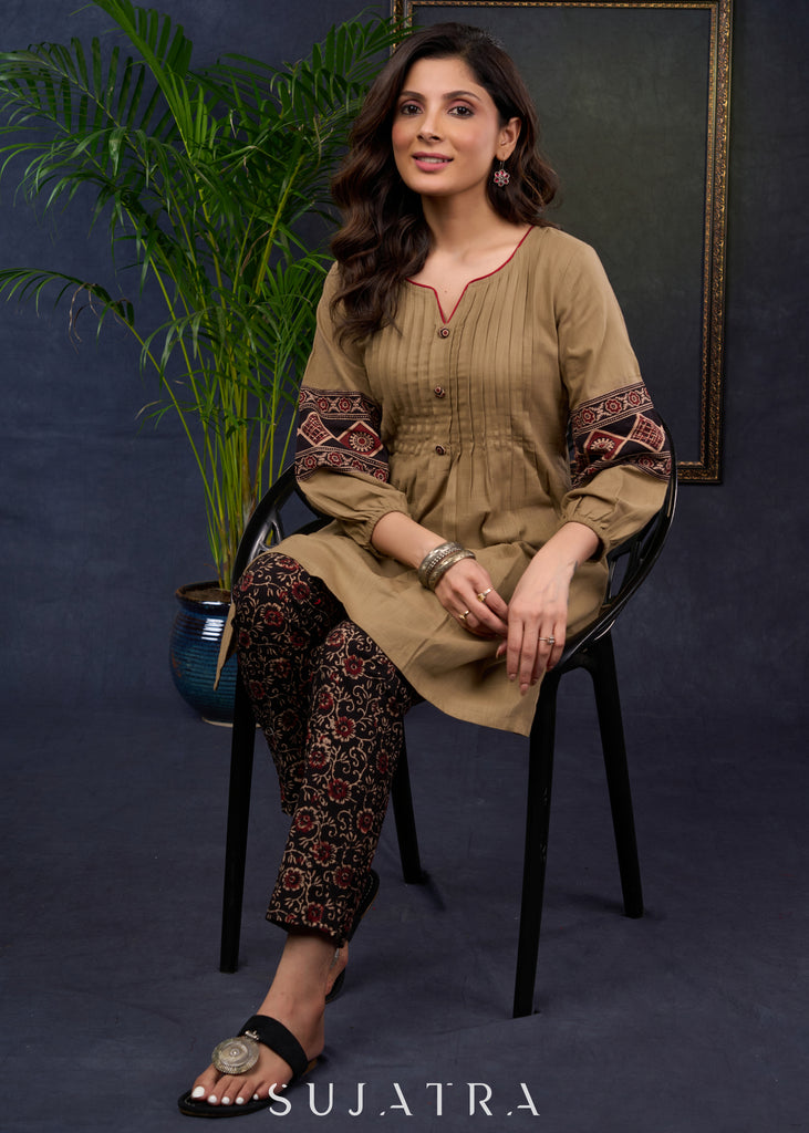 Dark Beige Cotton Tunic With Ajrakh Highlights - Pant Optional