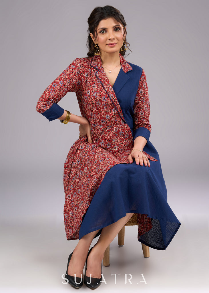 Floral Fusion Ajrakh Navy Blue Cotton Blazer Dress