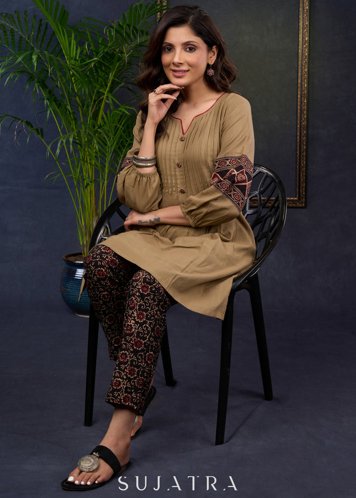 Dark Beige Cotton Tunic With Ajrakh Highlights - Pant Optional