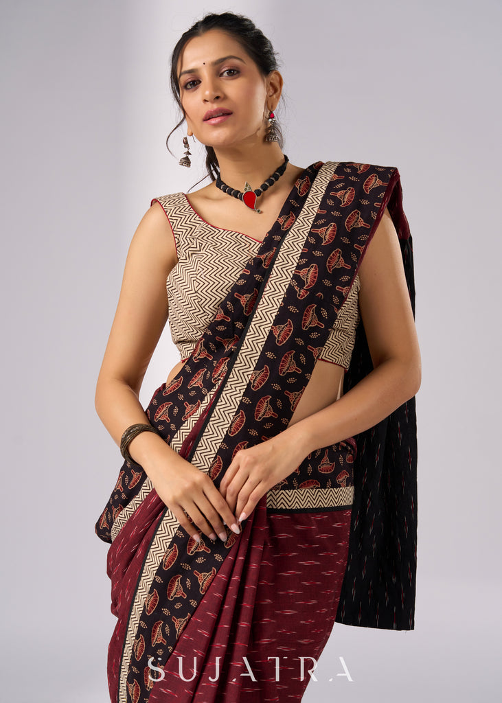 Elegant Ikat & Ajrakh fusion cotton saree