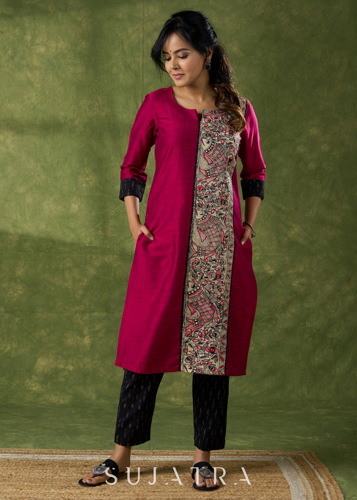 Classic Magenta Cotton Silk Kurta With Hand Painted  Madhubani Panel  - Pant Additional