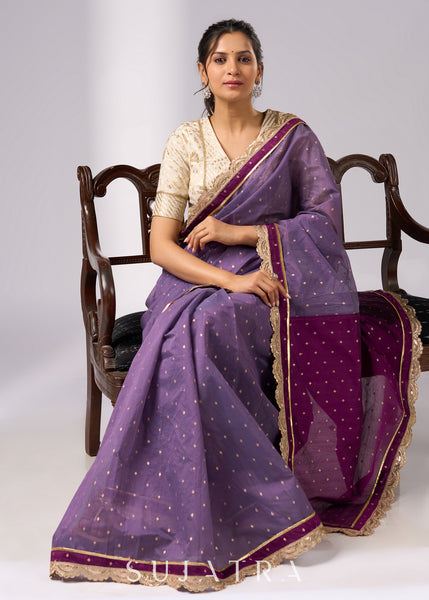 Purple chanderi saree with golden border and zari motifs