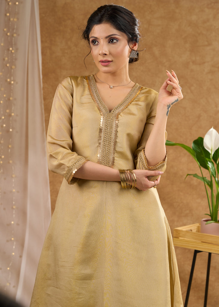 Subtle golden tissue A line kurta Tissue pant optional