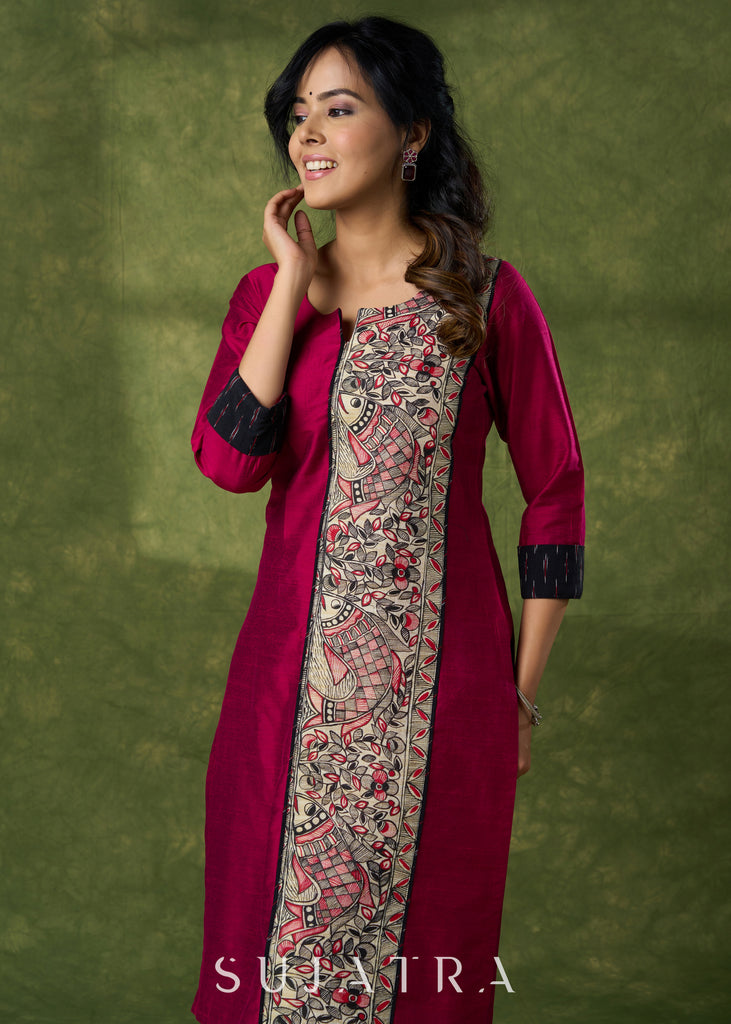 Classic Magenta Cotton Silk Kurta With Hand Painted  Madhubani Panel  - Pant Additional