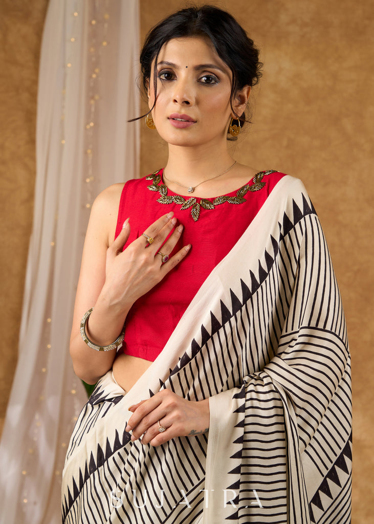 Timeless Off White Pure Modal Silk Hand Block Printed Striped Saree