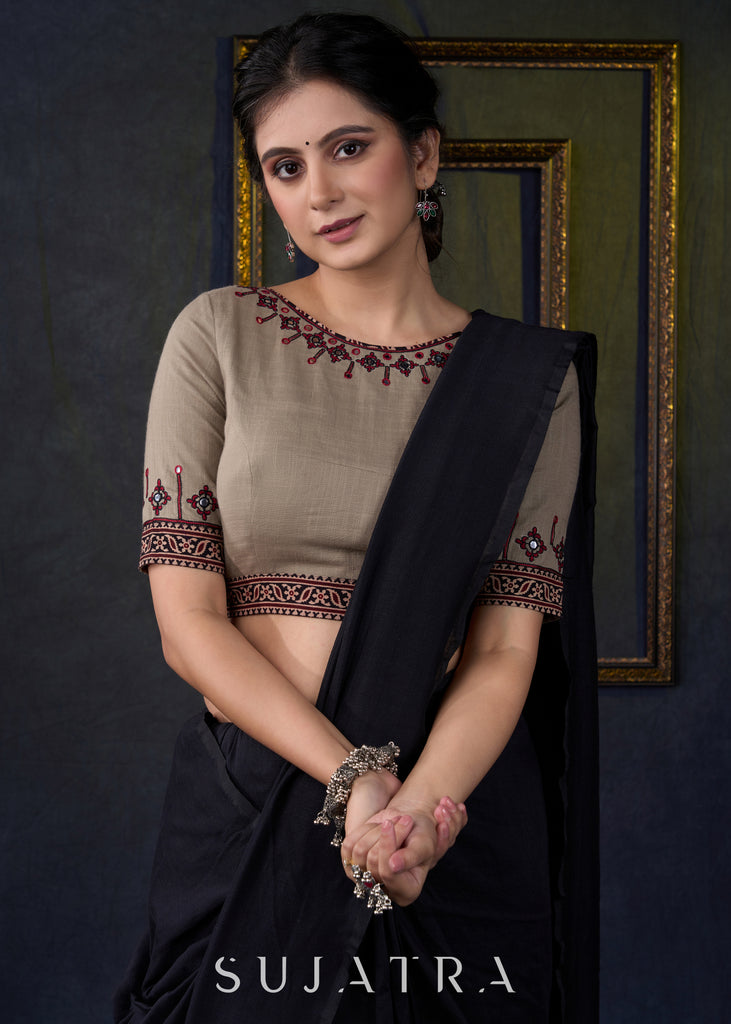 Smart Hand Crafted Thread Embroidered Dark Beige Blouse