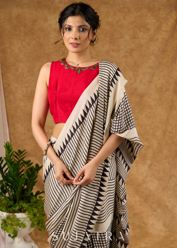 Timeless Off White Pure Modal Silk Hand Block Printed Striped Saree