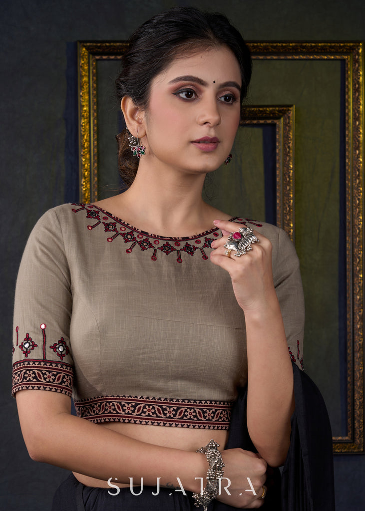 Smart Hand Crafted Thread Embroidered Dark Beige Blouse