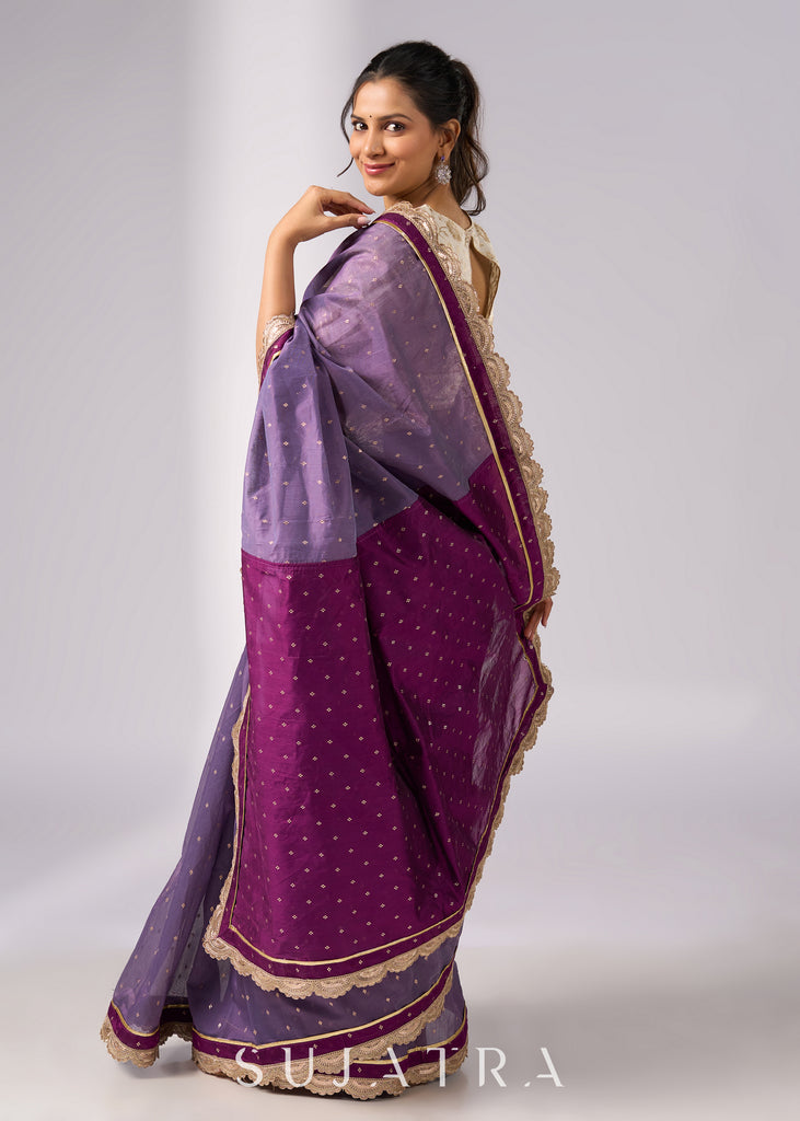 Purple chanderi saree with golden border and zari motifs