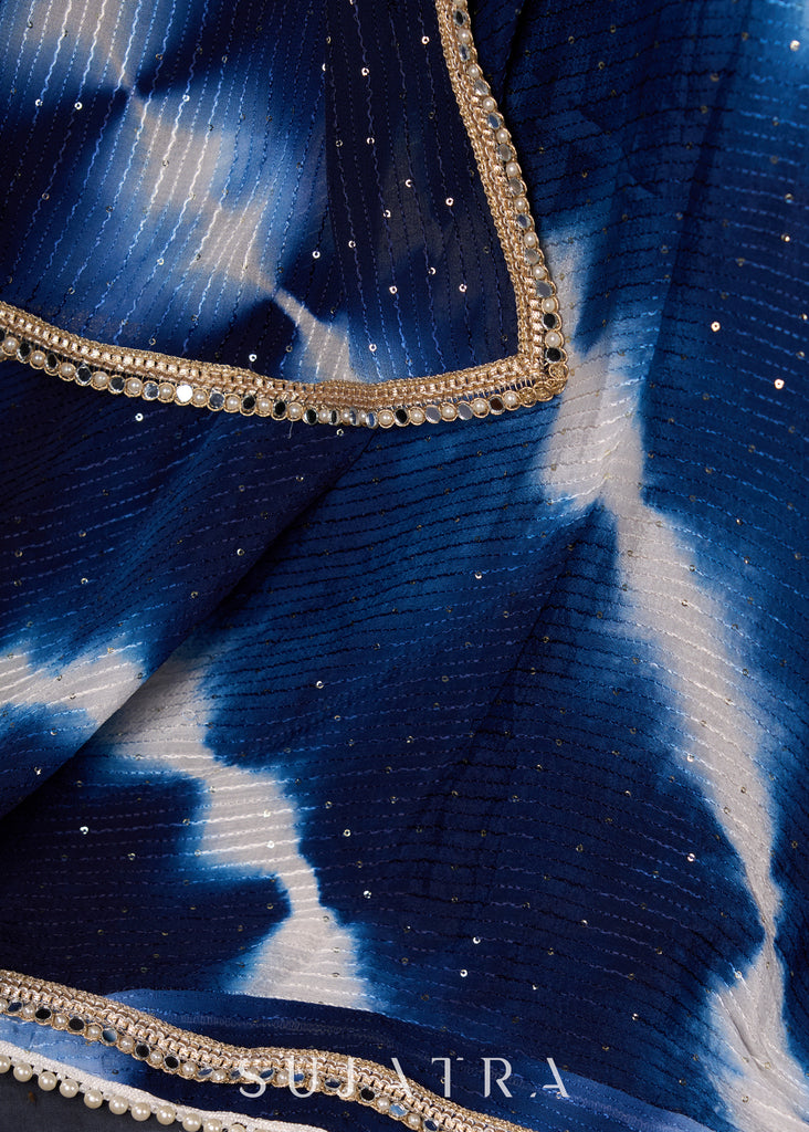 Graceful Navy Blue Shibori Self-Embroidered Lehenga With Contrast Blouse & Matching Dupatta.