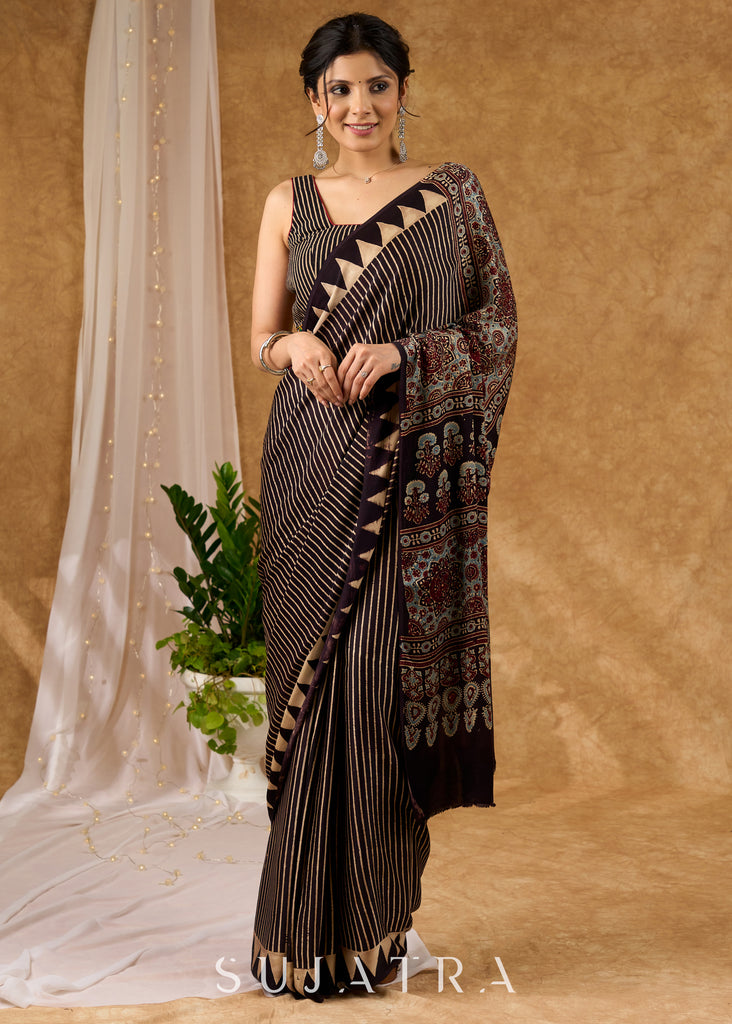 Classic Black Striped Ajrakh Block Printed Modal Silk Black Saree