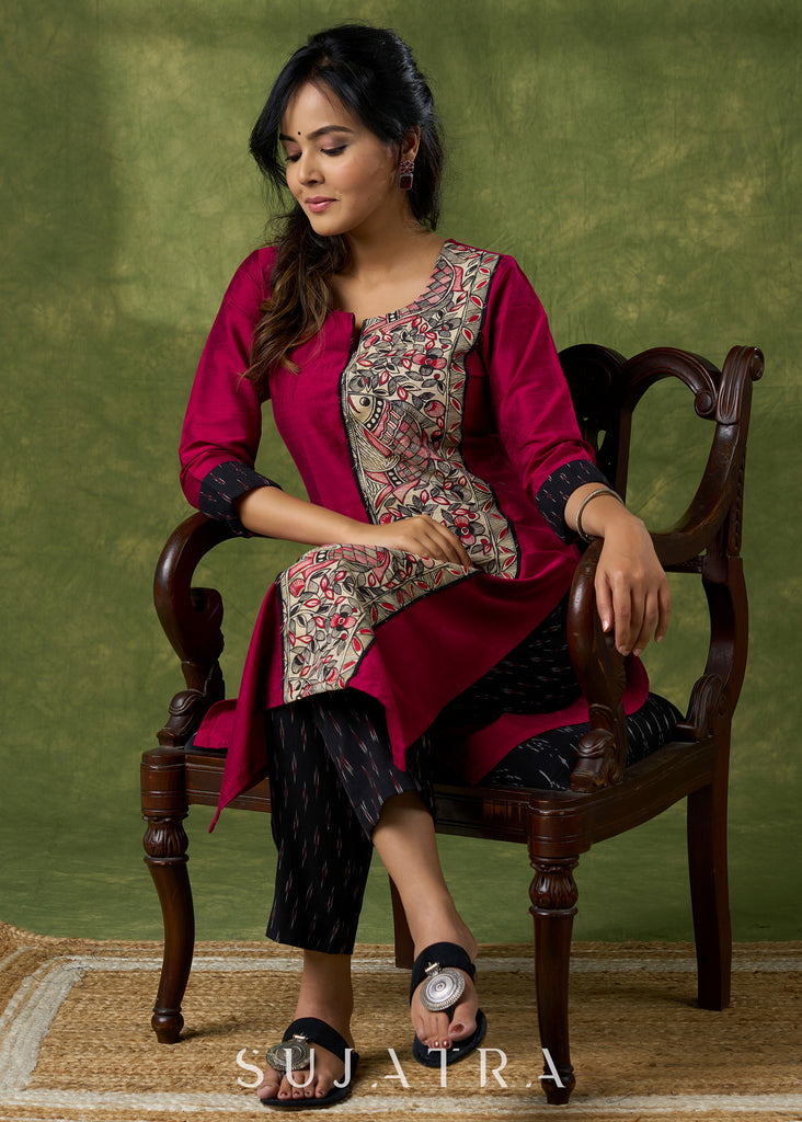 Classic Magenta Cotton Silk Kurta With Hand Painted  Madhubani Panel  - Pant Additional