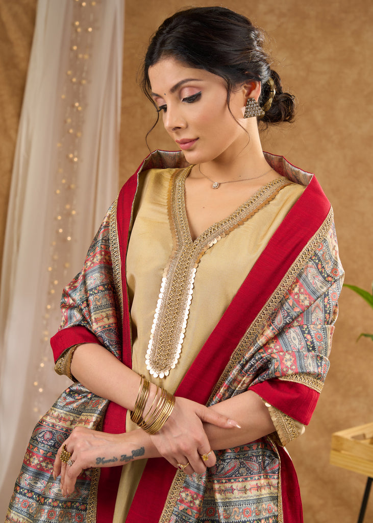 Subtle golden tissue A line kurta with tissue pant Dupatta optional