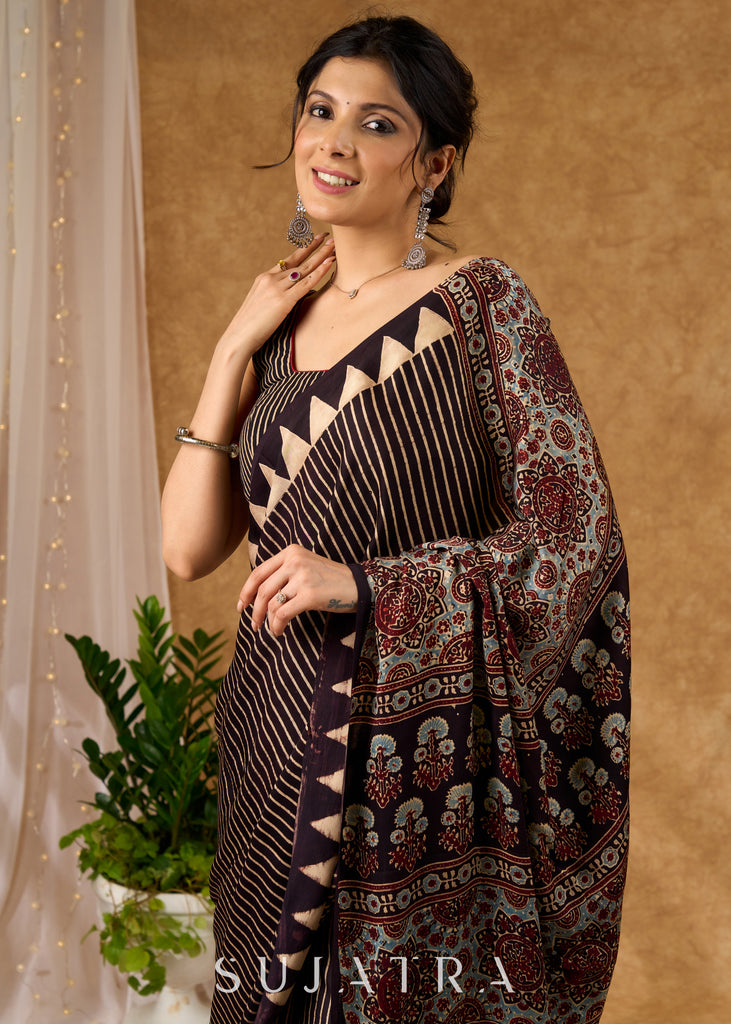 Classic Black Striped Ajrakh Block Printed Modal Silk Black Saree