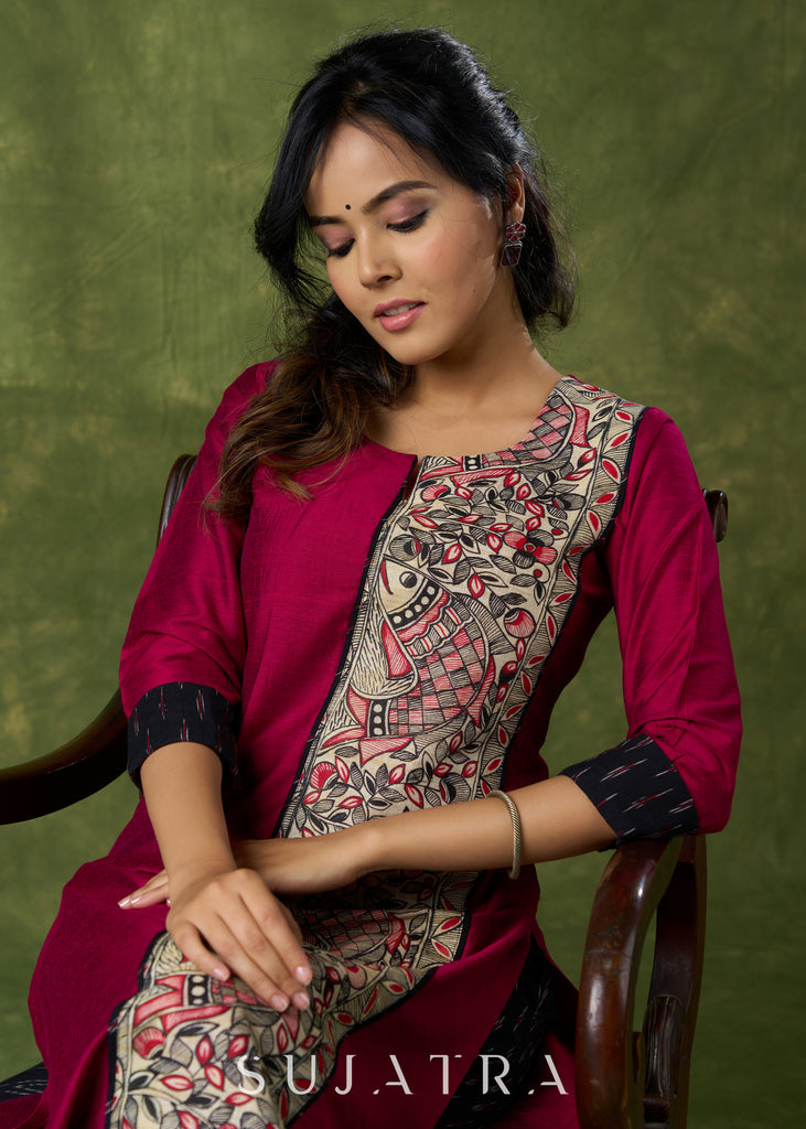 Classic Magenta Cotton Silk Kurta With Hand Painted  Madhubani Panel  - Pant Additional