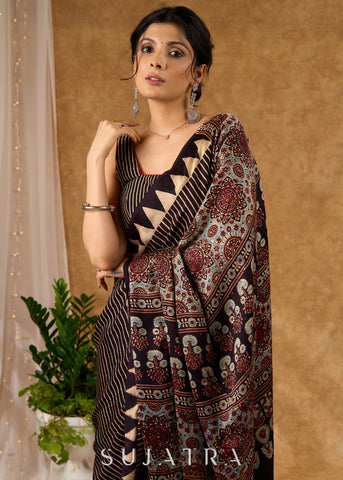 Classic Black Striped Ajrakh Block Printed Modal Silk Black Saree