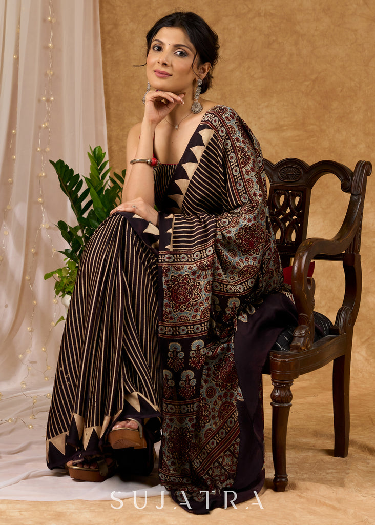 Classic Black Striped Ajrakh Block Printed Modal Silk Black Saree