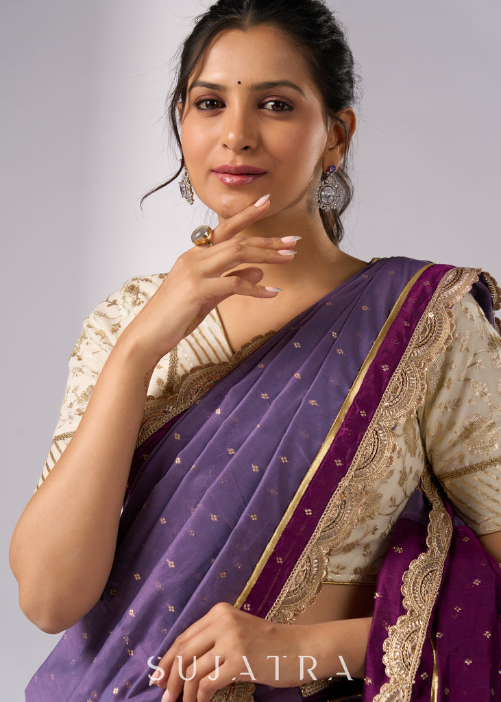 Purple chanderi saree with golden border and zari motifs