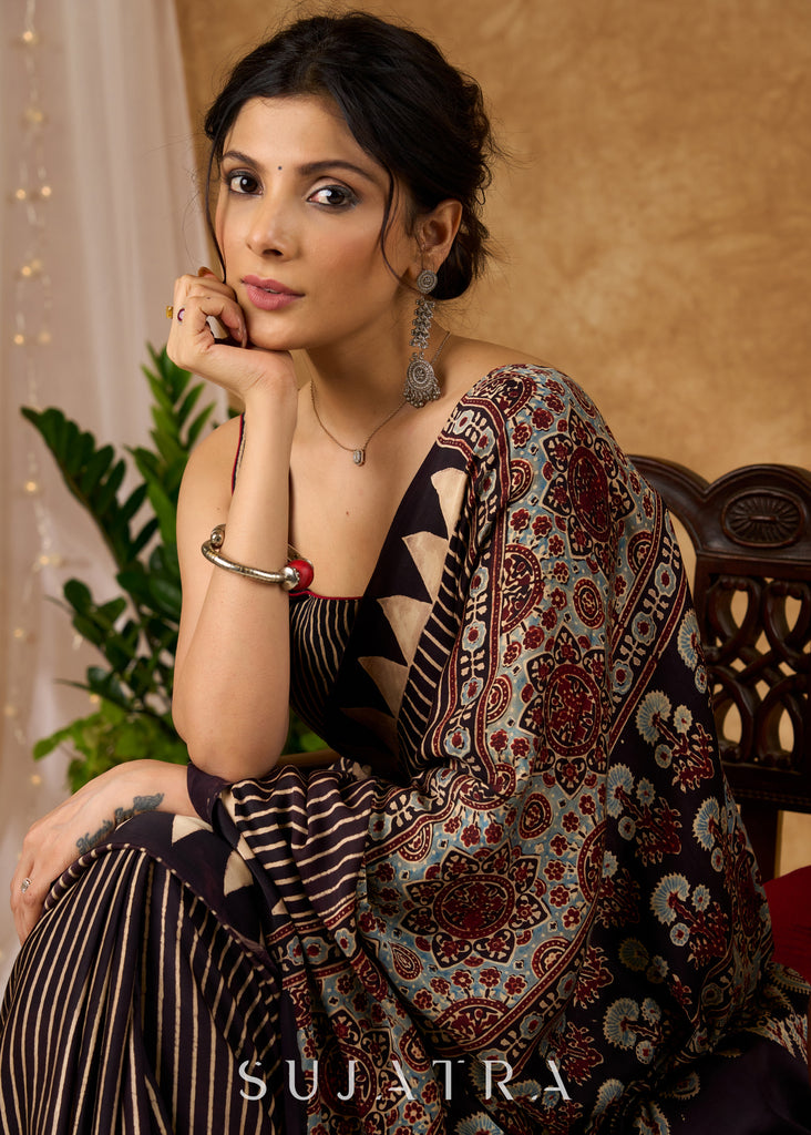 Classic Black Striped Ajrakh Block Printed Modal Silk Black Saree