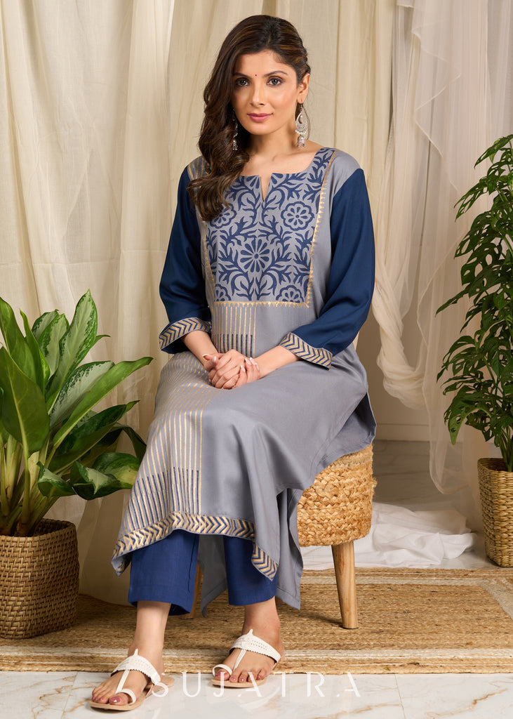 Graceful grey rayon kurti adorned with intricate block prints and artisanal floral patterns