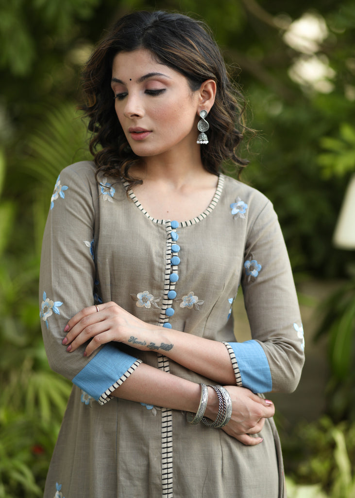 Classy Cotton Beige Embroidered A-Line Kurti - Pant Optional