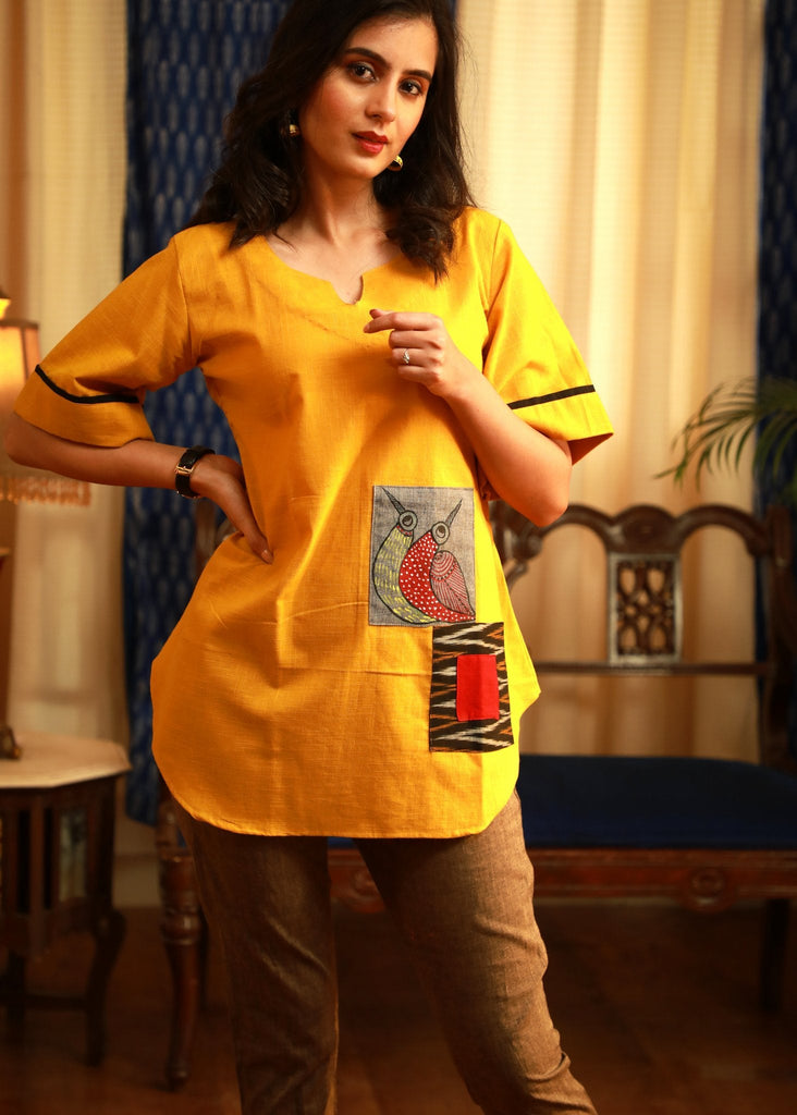 Gond tribal art hand-painted Multi-patchwork pure cotton top In beautiful mustard colour