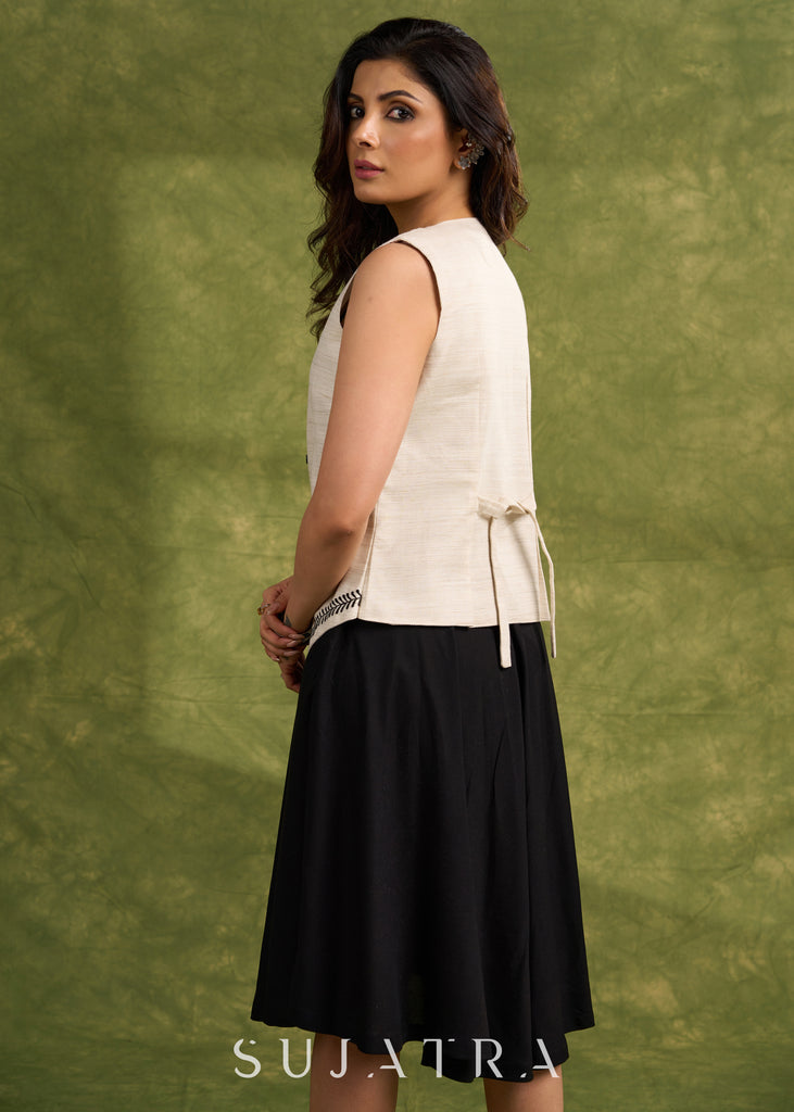 Elegant Minimalism : Ivory Colour Waist Coat With Subtle Black Embroidery   Dress Optional