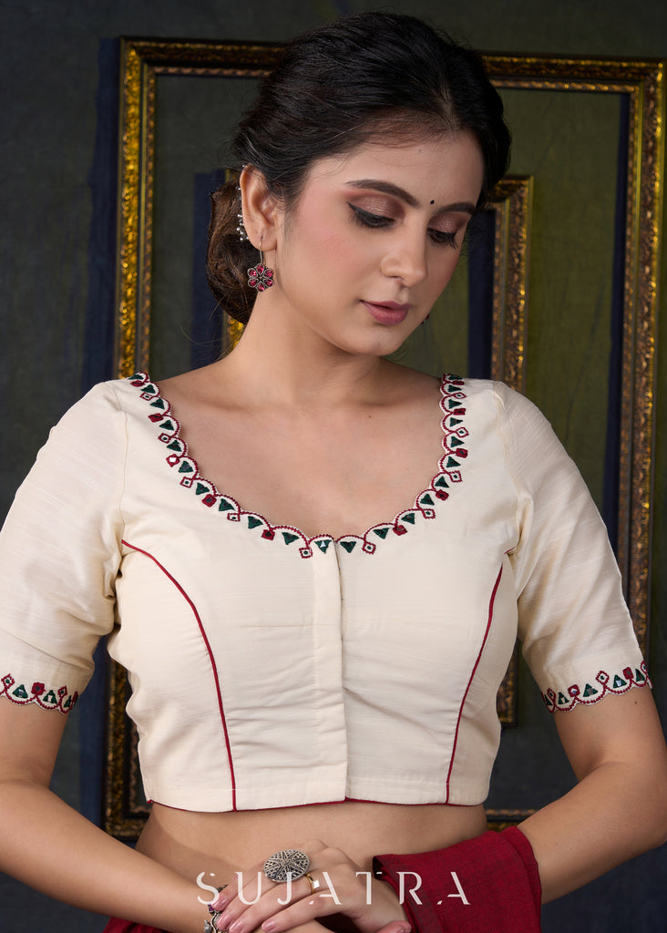 Embroidered Scalloped off White Cotton Silk Blouse