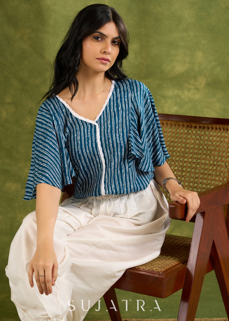 Breezy Rayon Striped V-Neck Top With Flowing Cape Sleeves  - Pant Optional