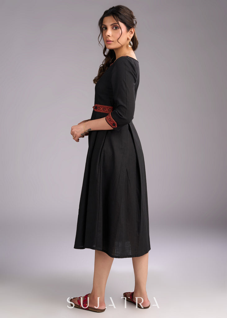 Timeless Black Cotton Dress with Maroon Ajrakh Accents