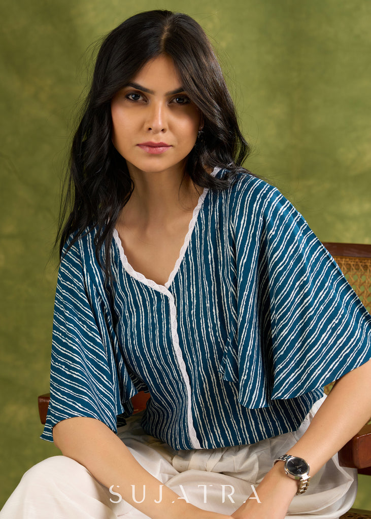 Breezy Rayon Striped V-Neck Top With Flowing Cape Sleeves  - Pant Optional