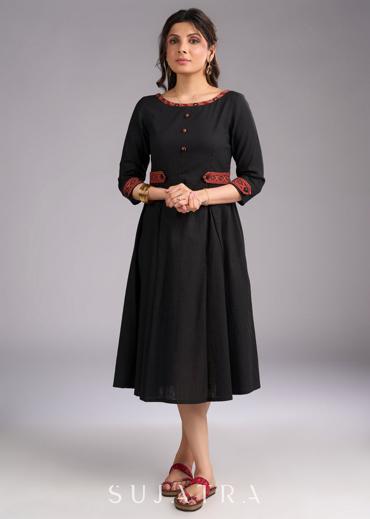 Timeless Black Cotton Dress with Maroon Ajrakh Accents