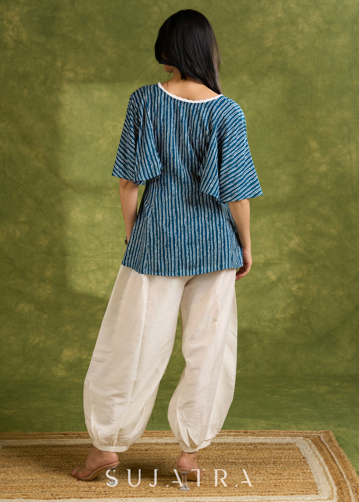 Breezy Rayon Striped V-Neck Top With Flowing Cape Sleeves  - Pant Optional