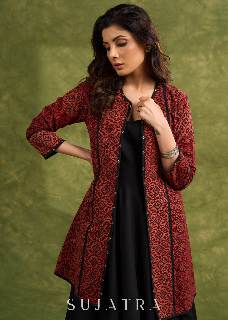 Real Elegant Maroon Ajrakh Long Jacket With Sleek Black Piping And Stone Adornments   Dress Optional