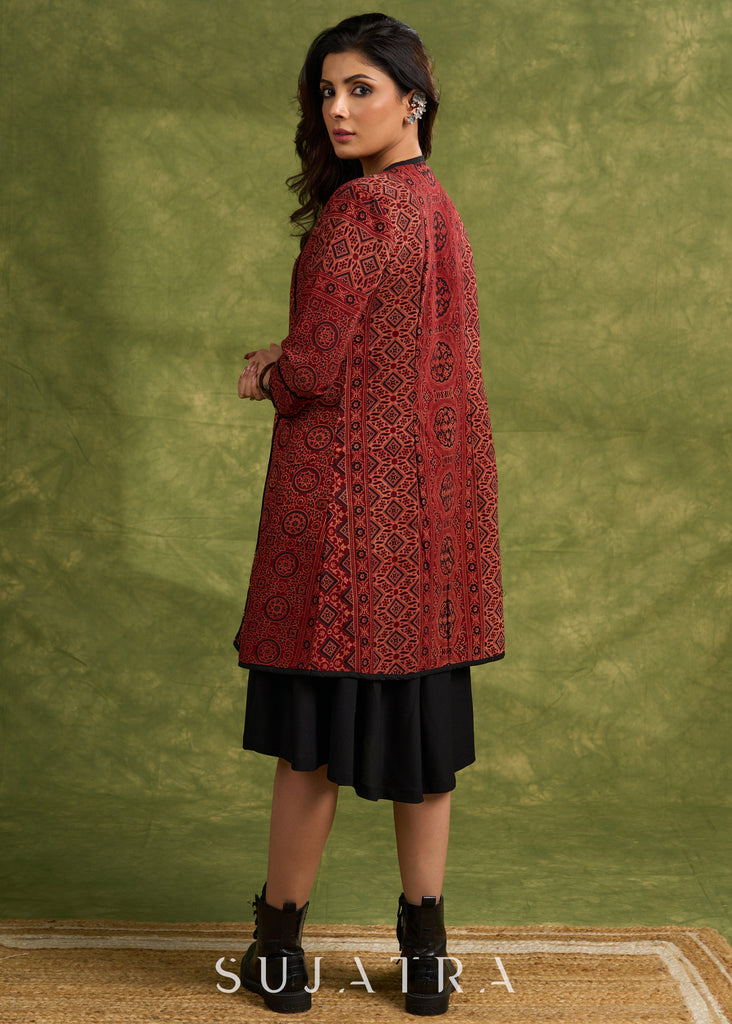 Real Elegant Maroon Ajrakh Long Jacket With Sleek Black Piping And Stone Adornments   Dress Optional