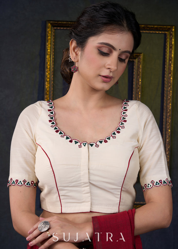 Embroidered Scalloped off White Cotton Silk Blouse