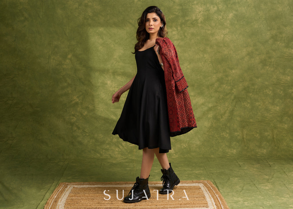 Real Elegant Maroon Ajrakh Long Jacket With Sleek Black Piping And Stone Adornments   Dress Optional