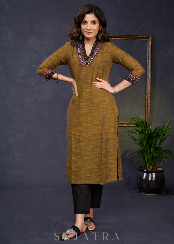 Exclusive-Dark-Mustard-Cotton-Straight-Cut-Kurta-Highlighted-With-Beautiful-Ikat--Pant-Optional