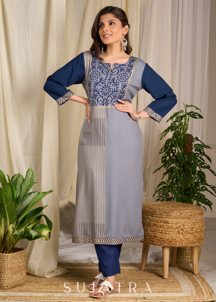 Graceful grey rayon kurti adorned with intricate block prints and artisanal floral patterns