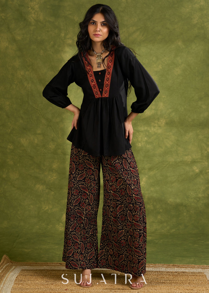 Black Rayon Top With Ajrakh Detailing On The V-Neckline, Button Accents, And Long Sleeves - Pant Optional