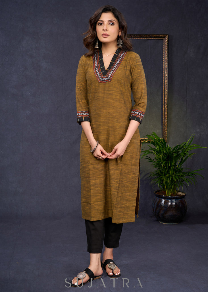 Exclusive-Dark-Mustard-Cotton-Straight-Cut-Kurta-Highlighted-With-Beautiful-Ikat--Pant-Optional