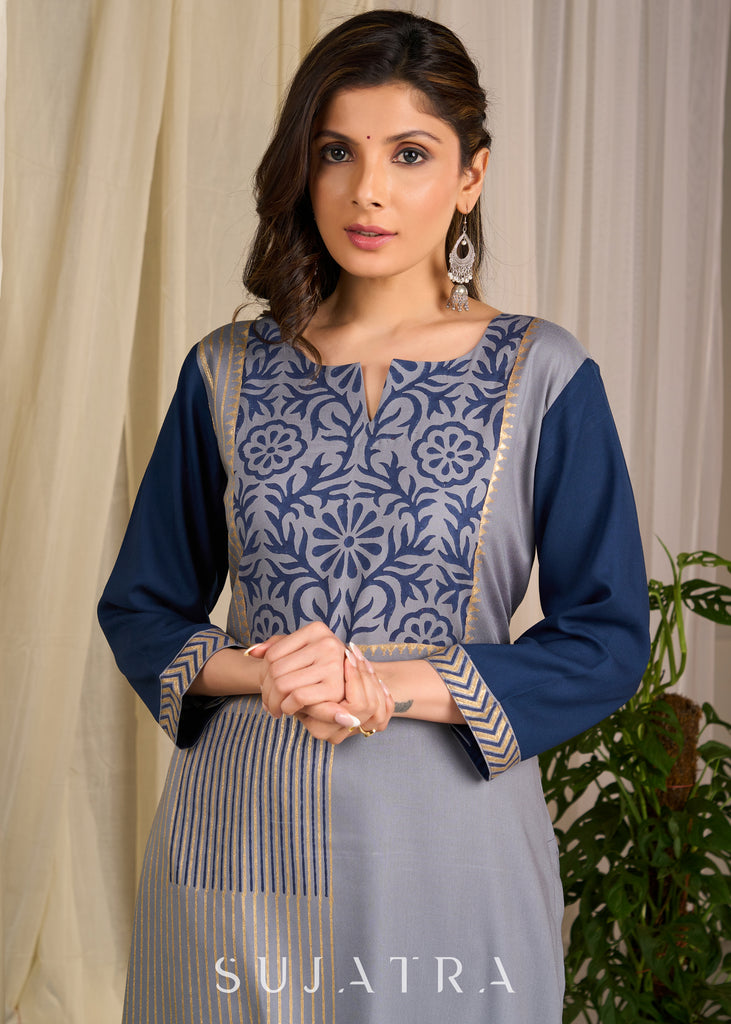 Graceful grey rayon kurti adorned with intricate block prints and artisanal floral patterns