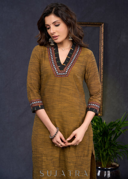 Exclusive-Dark-Mustard-Cotton-Straight-Cut-Kurta-Highlighted-With-Beautiful-Ikat--Pant-Optional