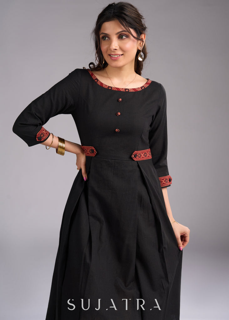 Timeless Black Cotton Dress with Maroon Ajrakh Accents