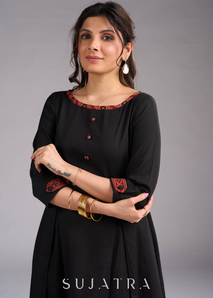 Timeless Black Cotton Dress with Maroon Ajrakh Accents