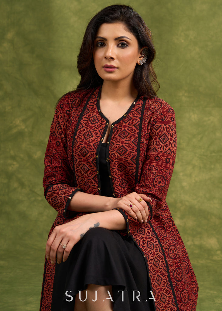 Real Elegant Maroon Ajrakh Long Jacket With Sleek Black Piping And Stone Adornments   Dress Optional