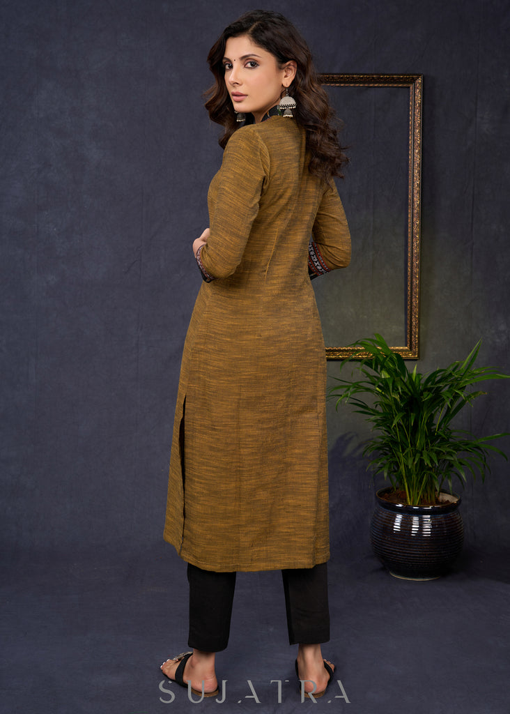 Exclusive-Dark-Mustard-Cotton-Straight-Cut-Kurta-Highlighted-With-Beautiful-Ikat--Pant-Optional